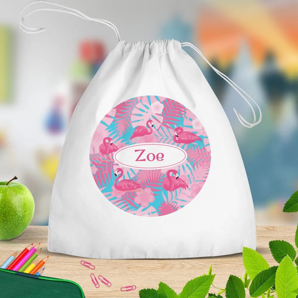 Flamingo White Drawstring Bag