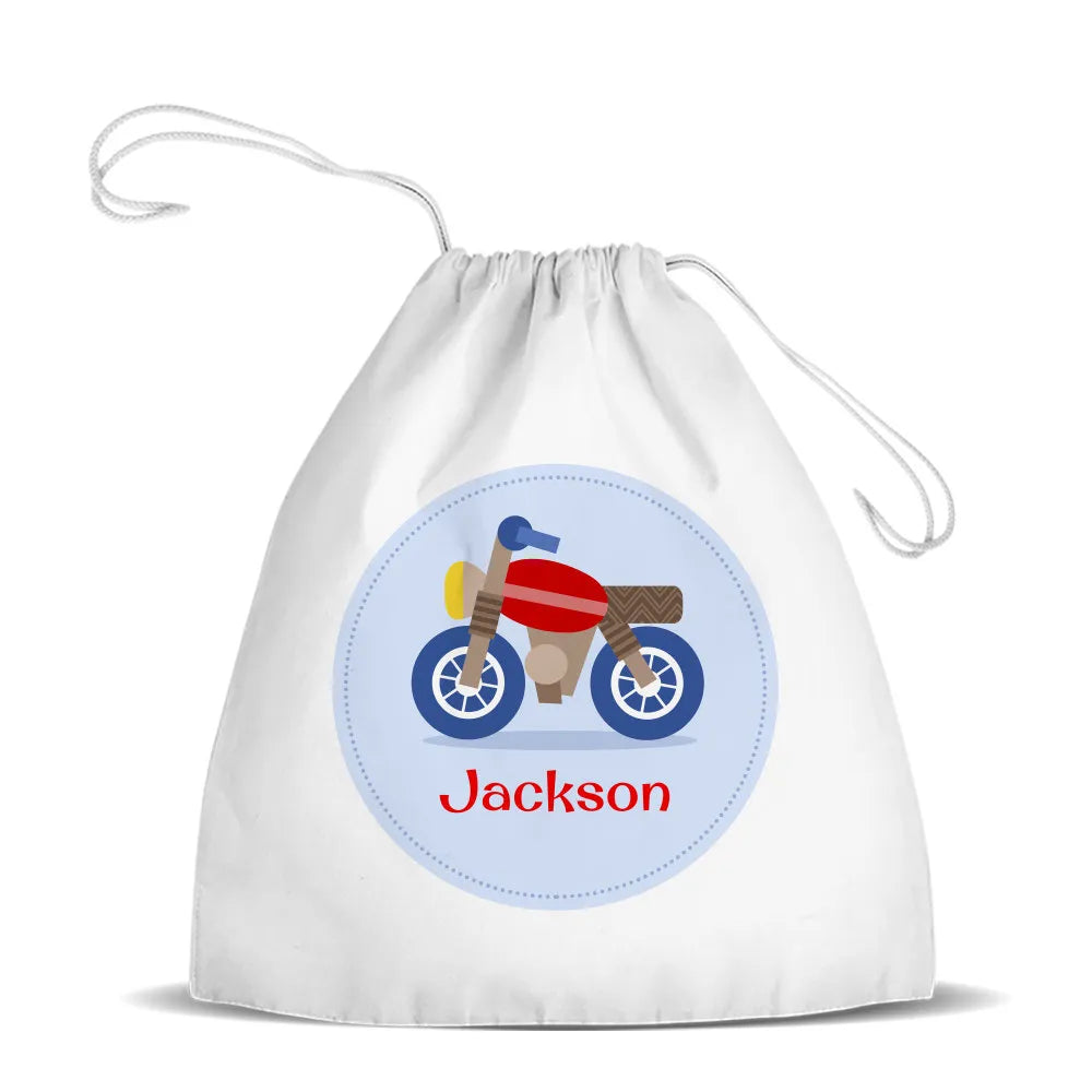 Motorbike White Drawstring Bag