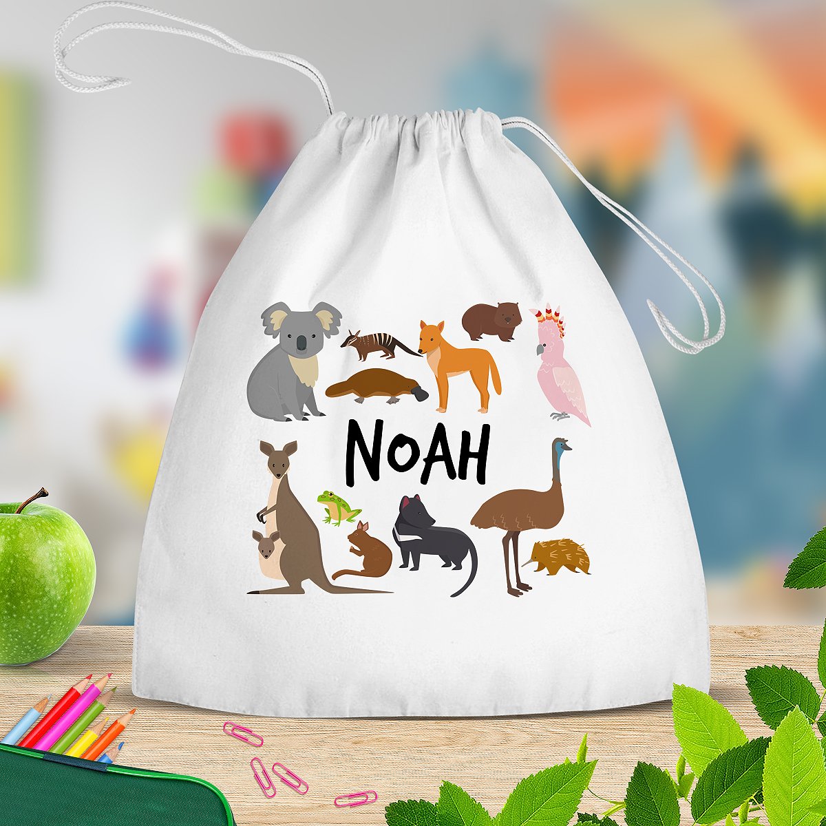 Aussie Animals White Drawstring Bag