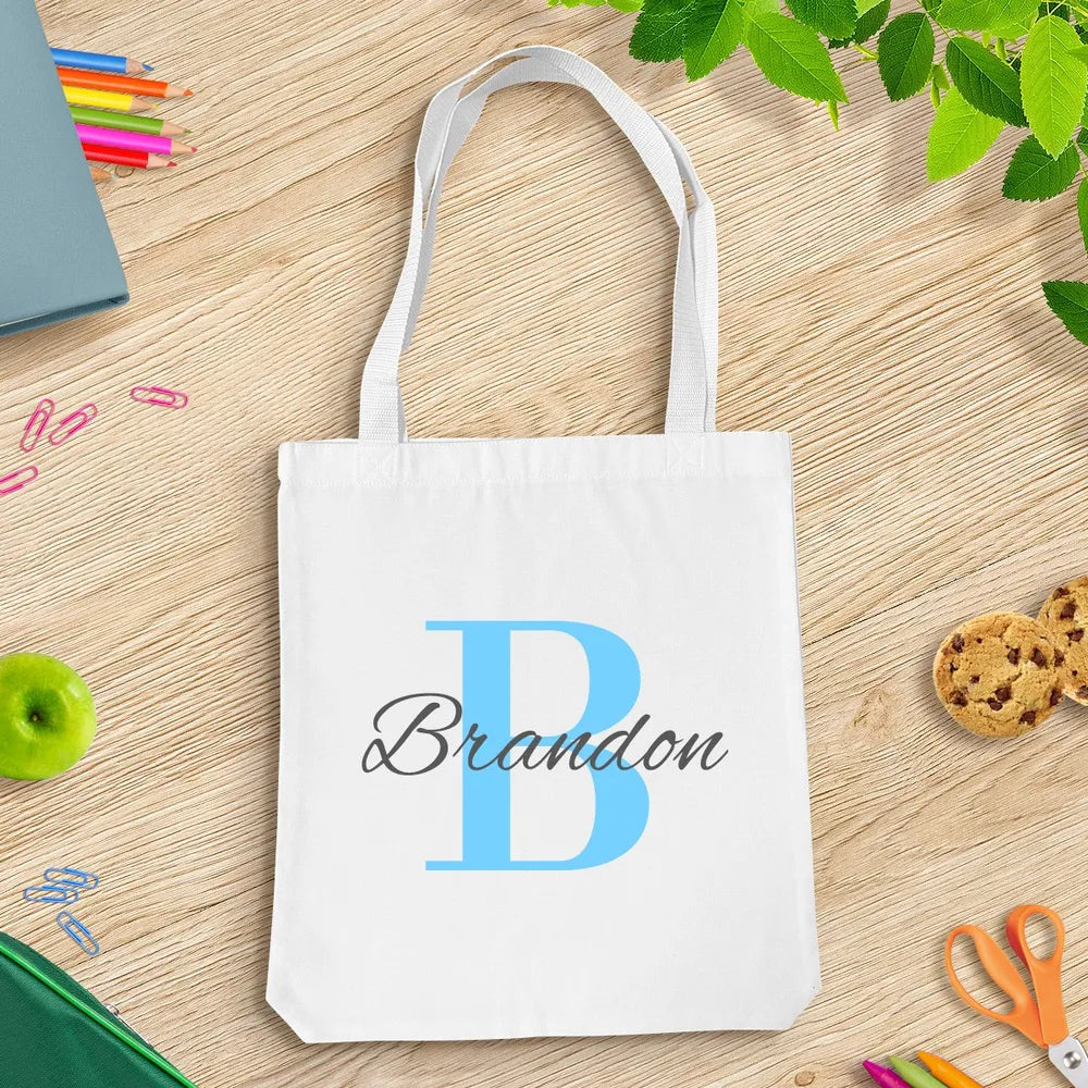Blue Monogram White Tote Bag