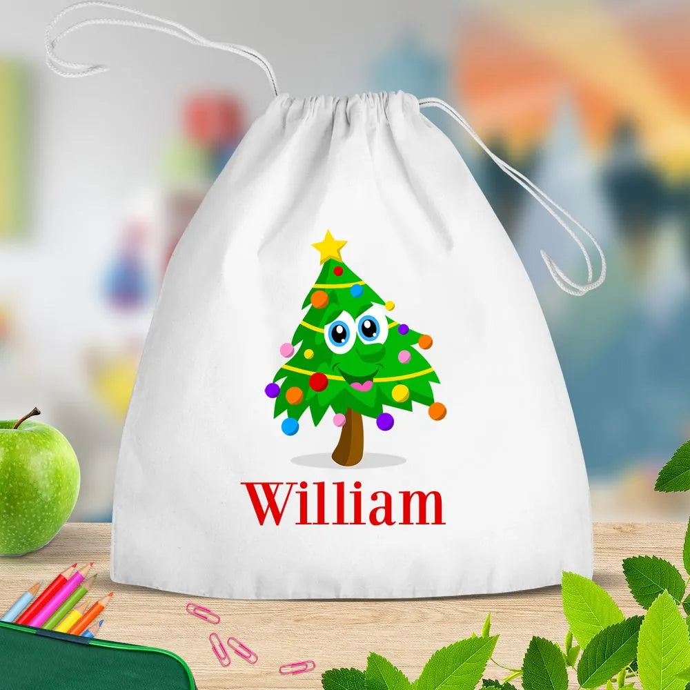 Christmas Tree White Drawstring Bag