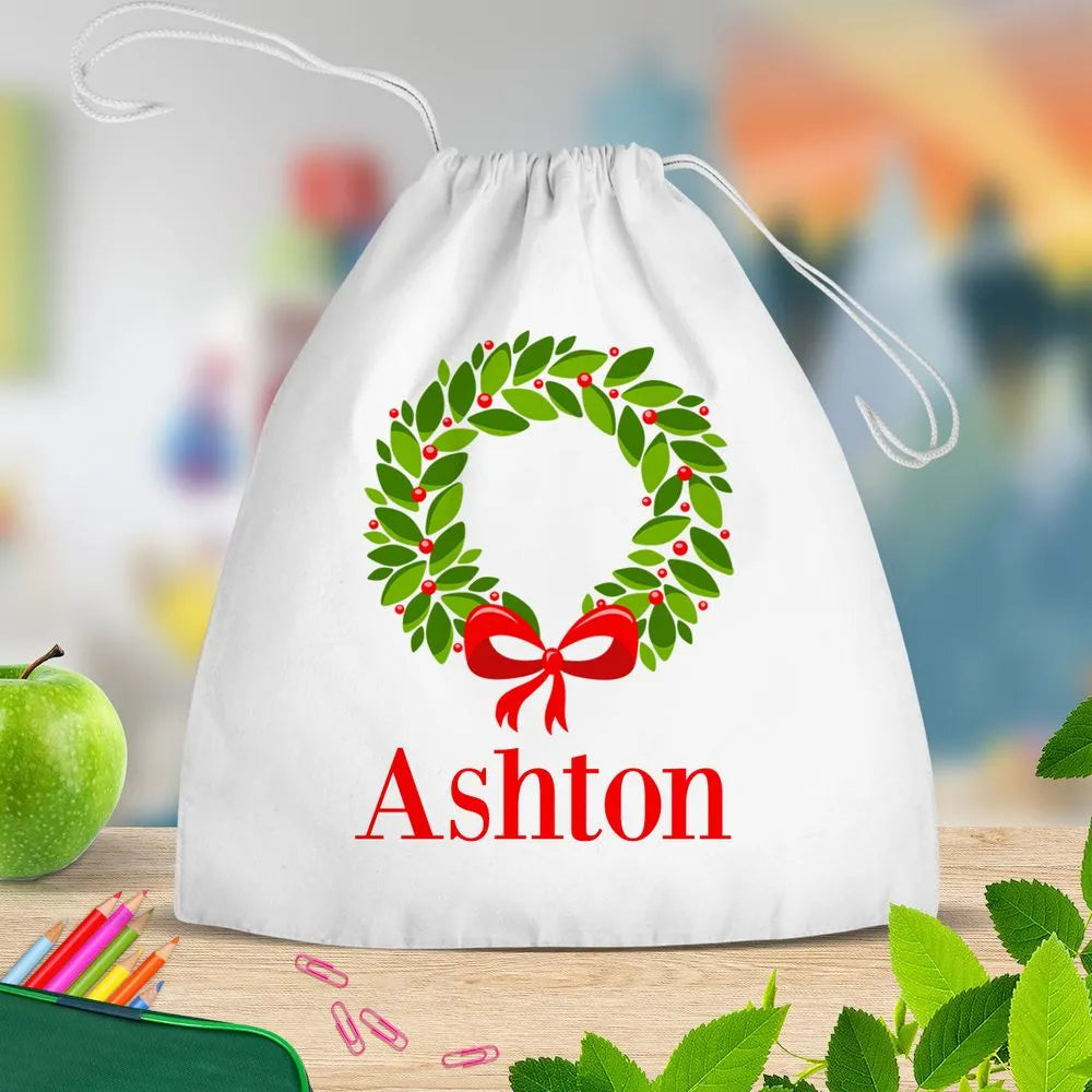 Christmas Wreath White Drawstring Bag
