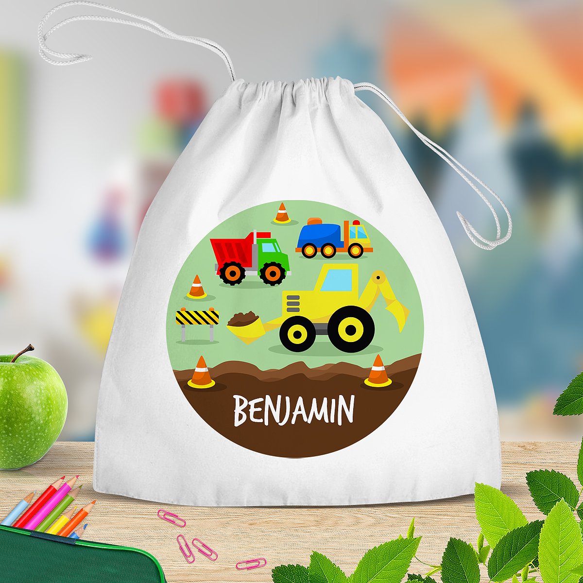 Construction White Drawstring Bag