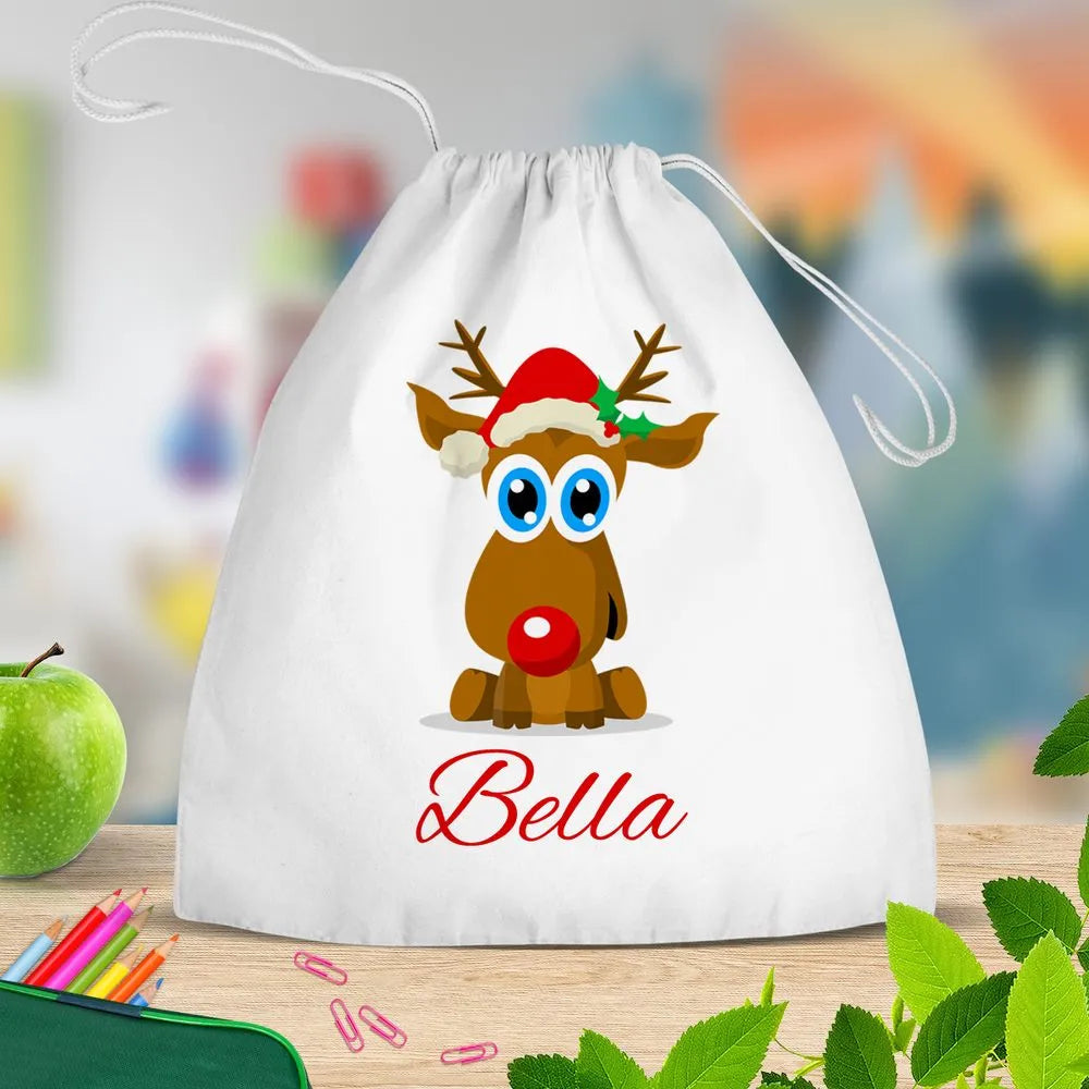 Cute Reindeer White Drawstring Bag