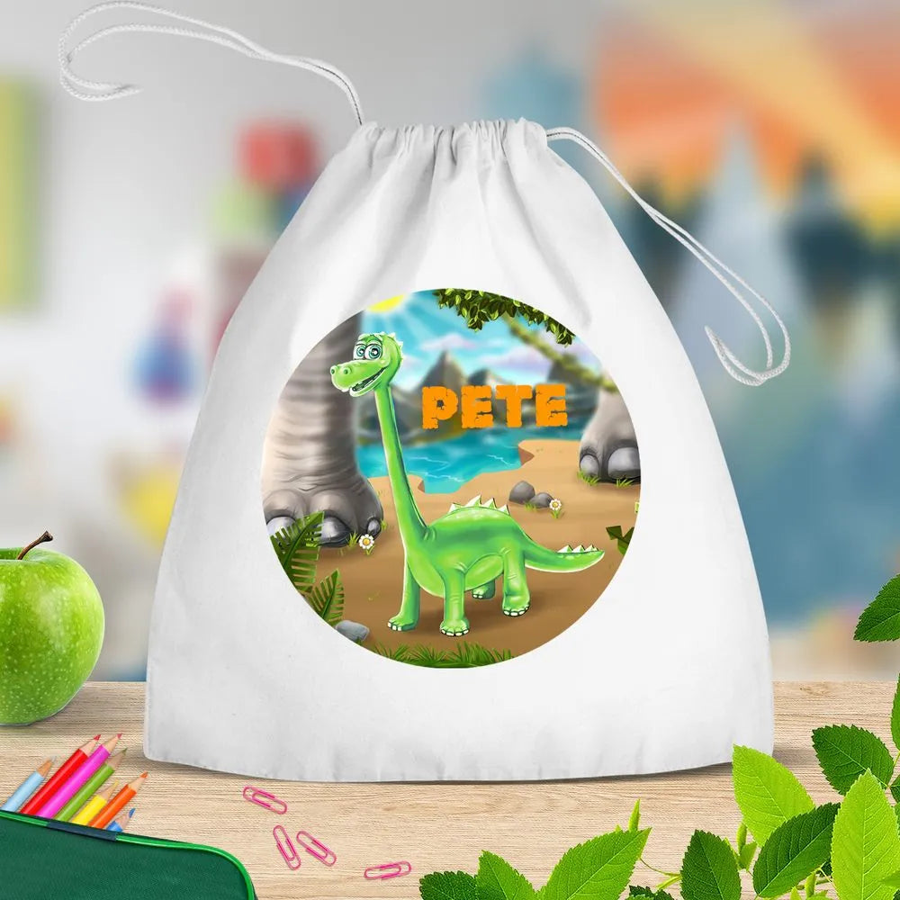 Dinosaur White Drawstring Bag
