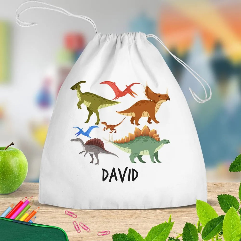 Dinosaur Design White Drawstring Bag