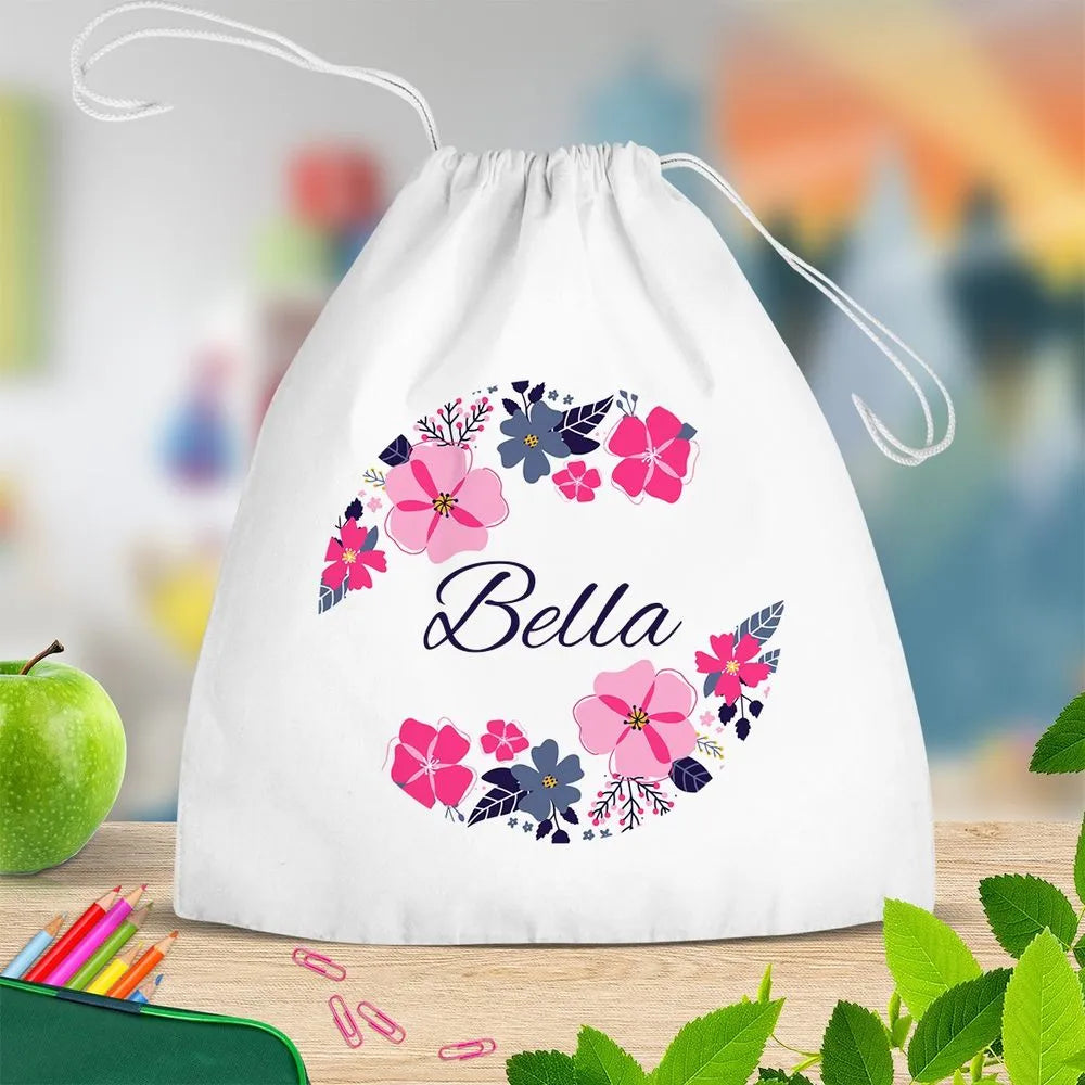 Flowers White Drawstring Bag