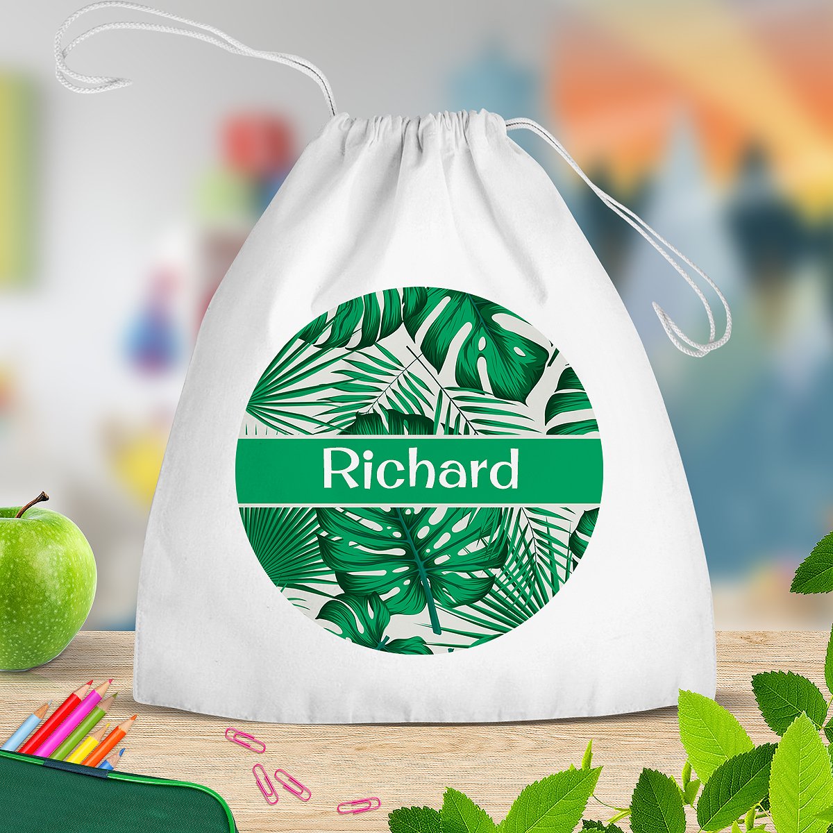 Leaves White Drawstring Bag