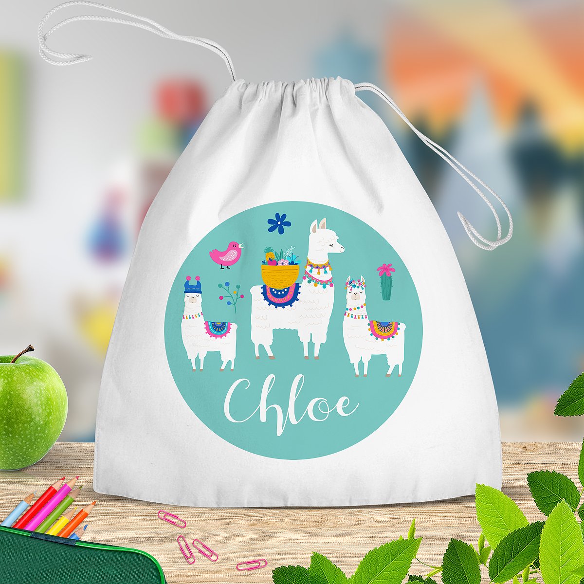 Llama White Drawstring Bag
