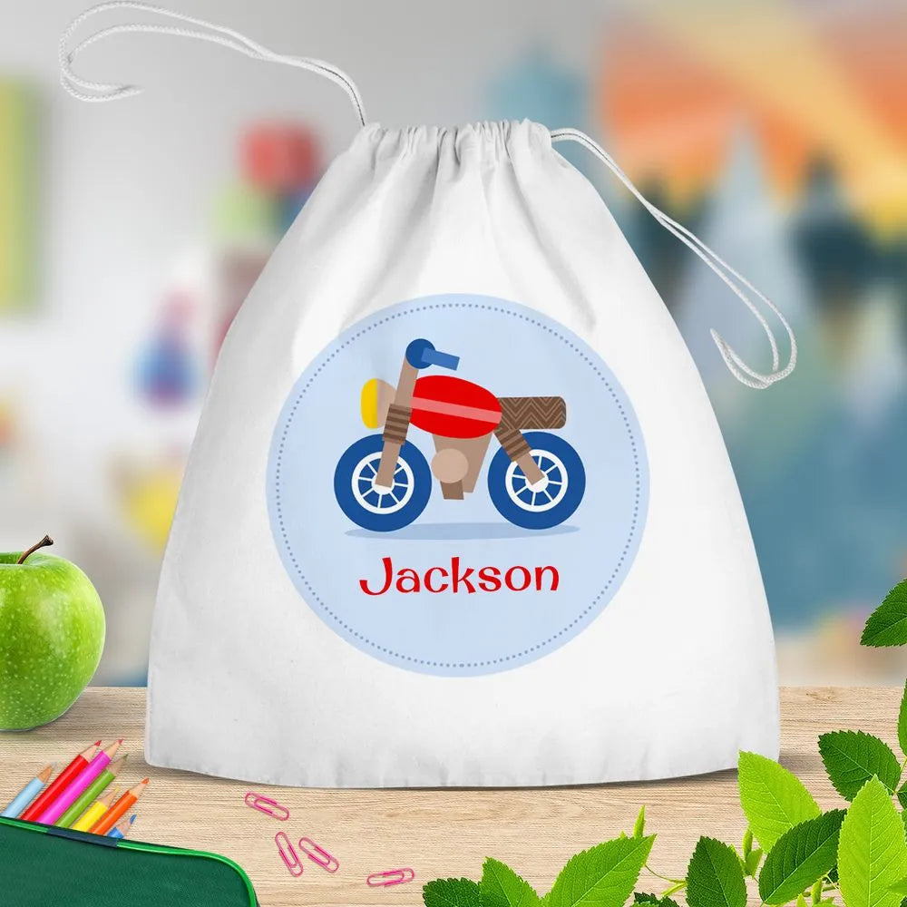 Motorbike White Drawstring Bag