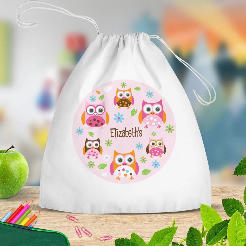 Owl White Drawstring Bag