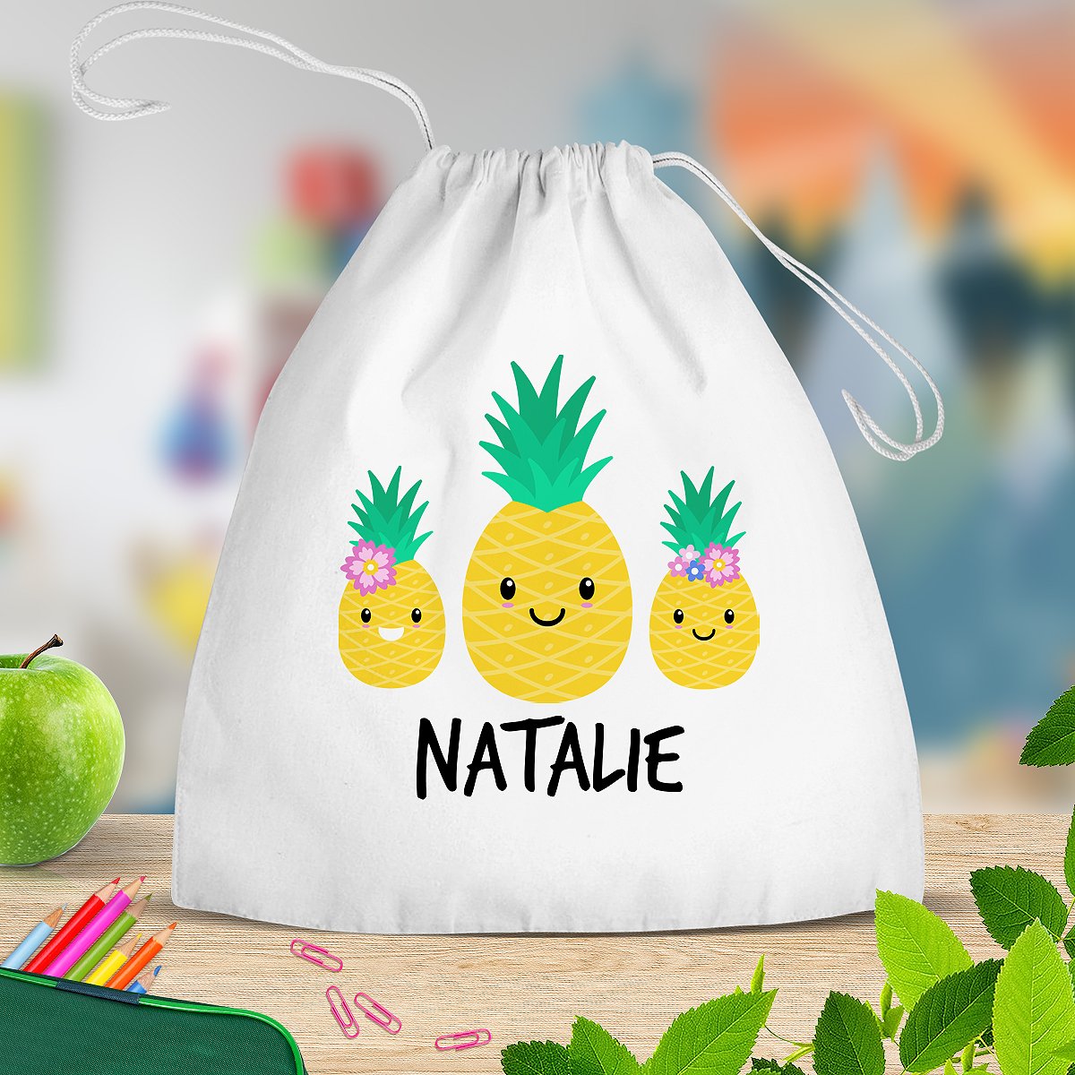 Pineapple White Drawstring Bag