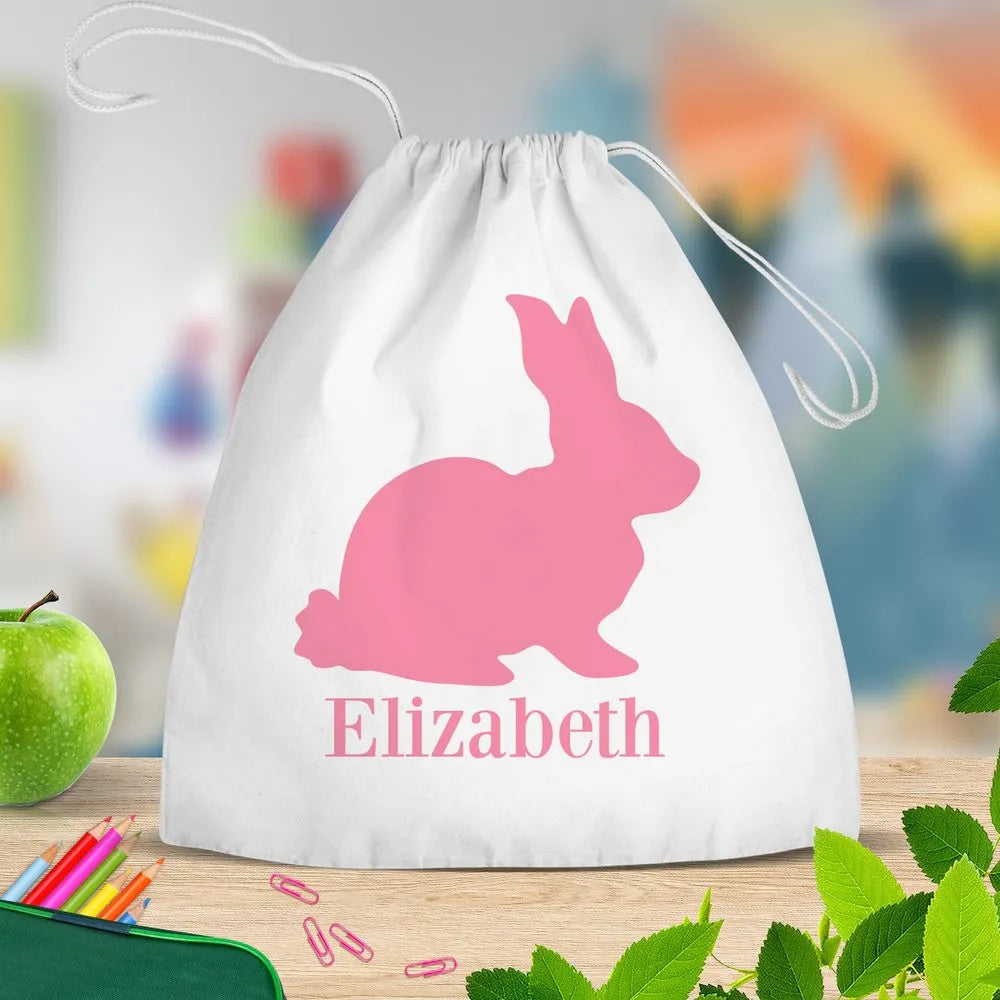 Pink Bunny White Drawstring Bag