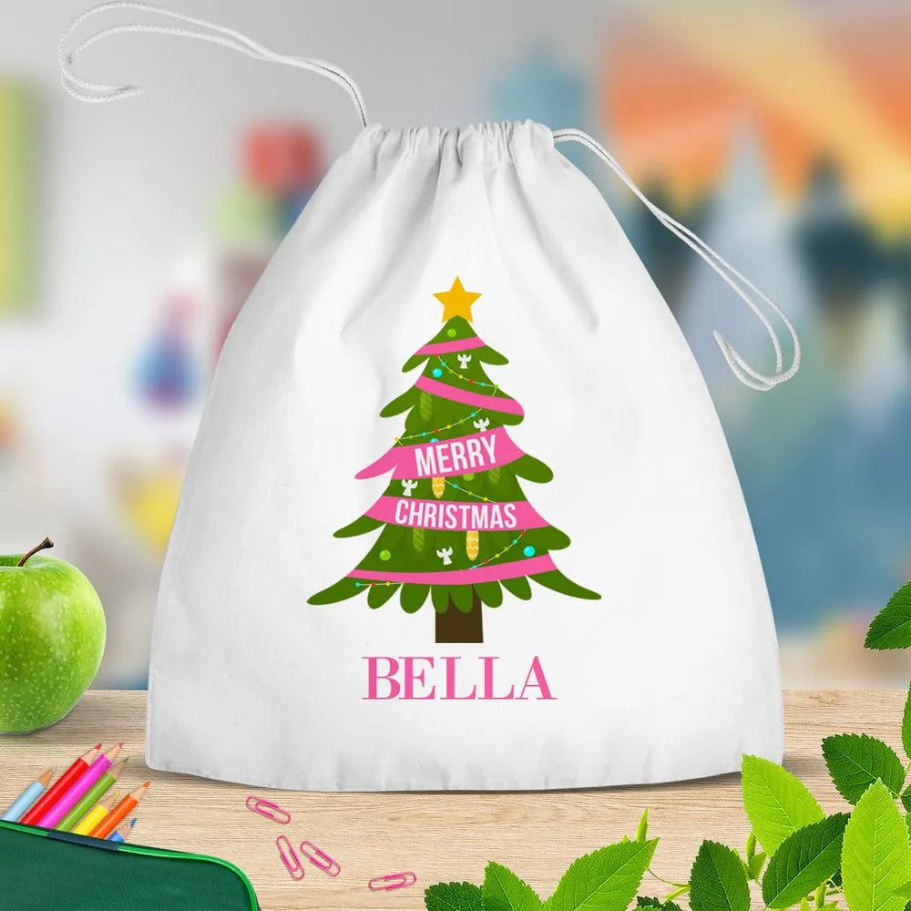 Pink Christmas White Drawstring Bag