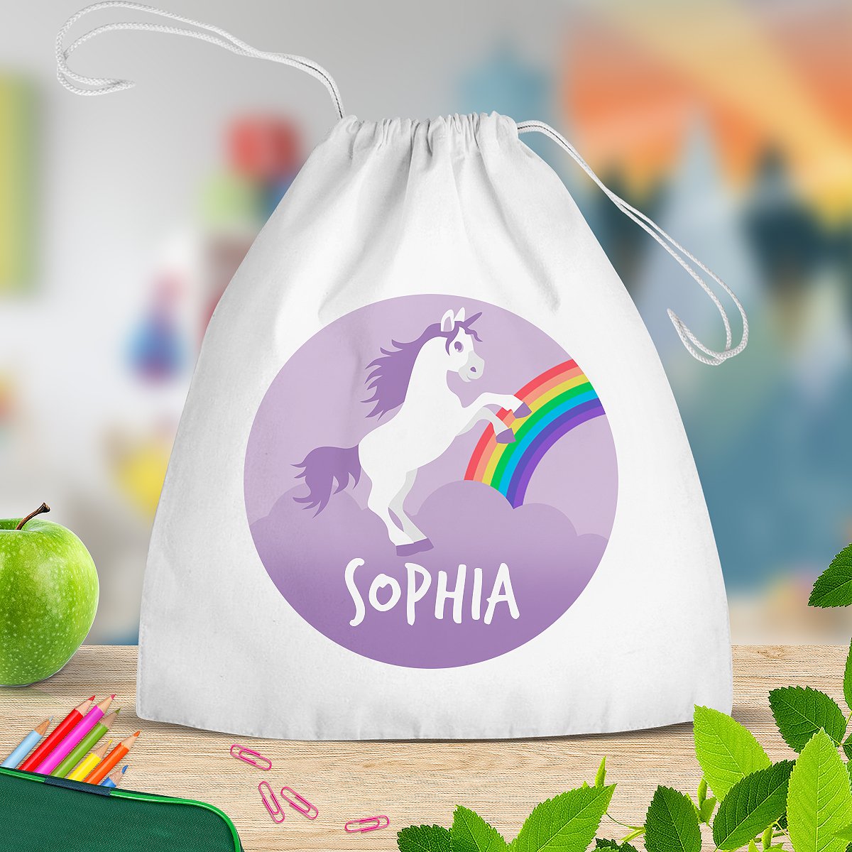 Purple Unicorn White Drawstring Bag