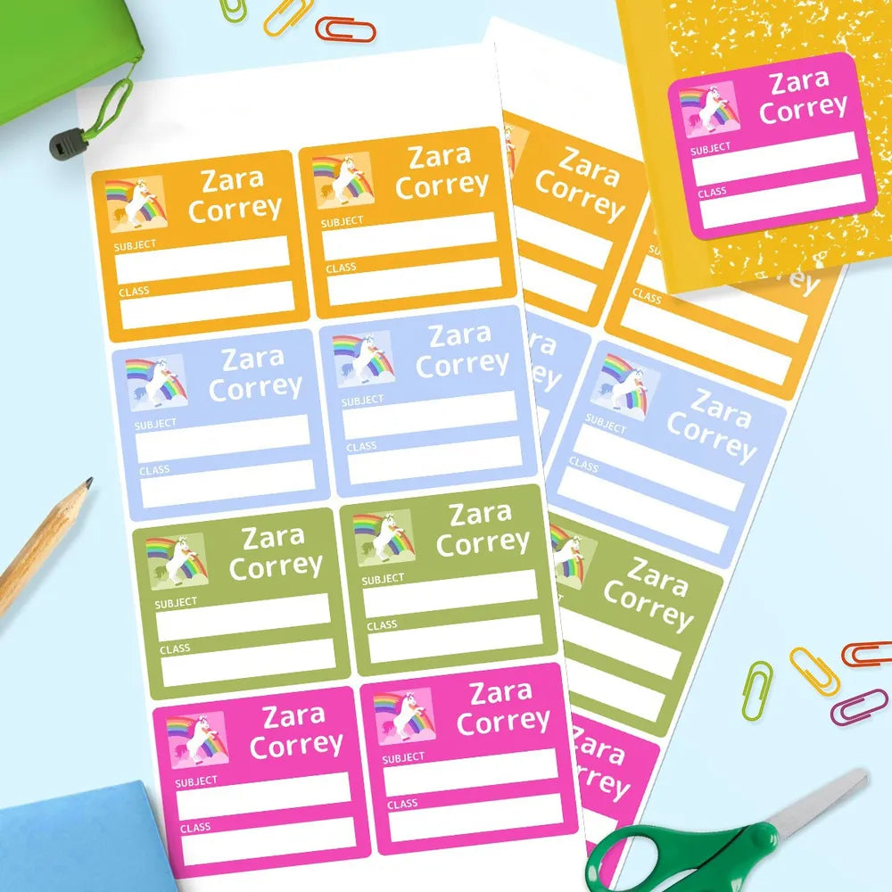 Rainbow Unicorn School Book Labels