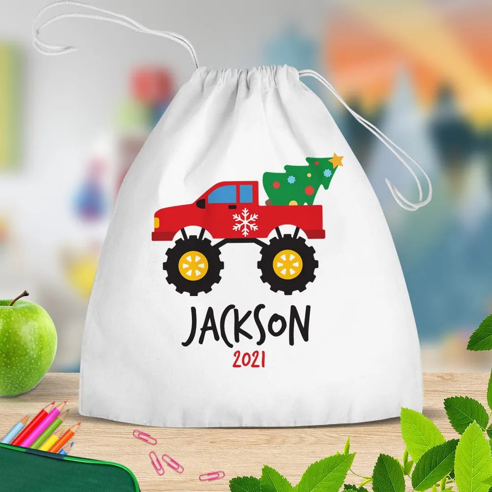 Red Monster Truck White Drawstring Bag