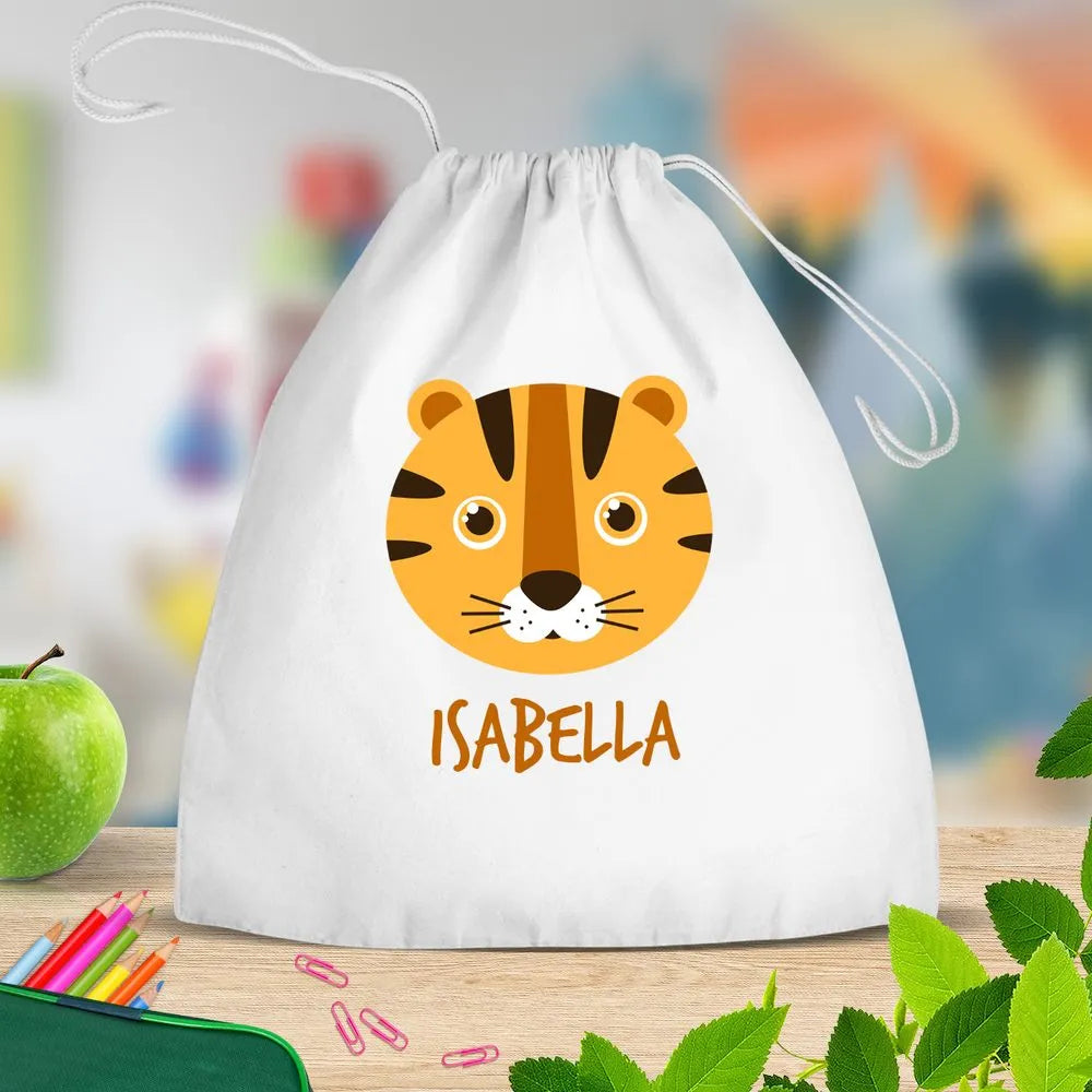 Tiger White Drawstring Bag