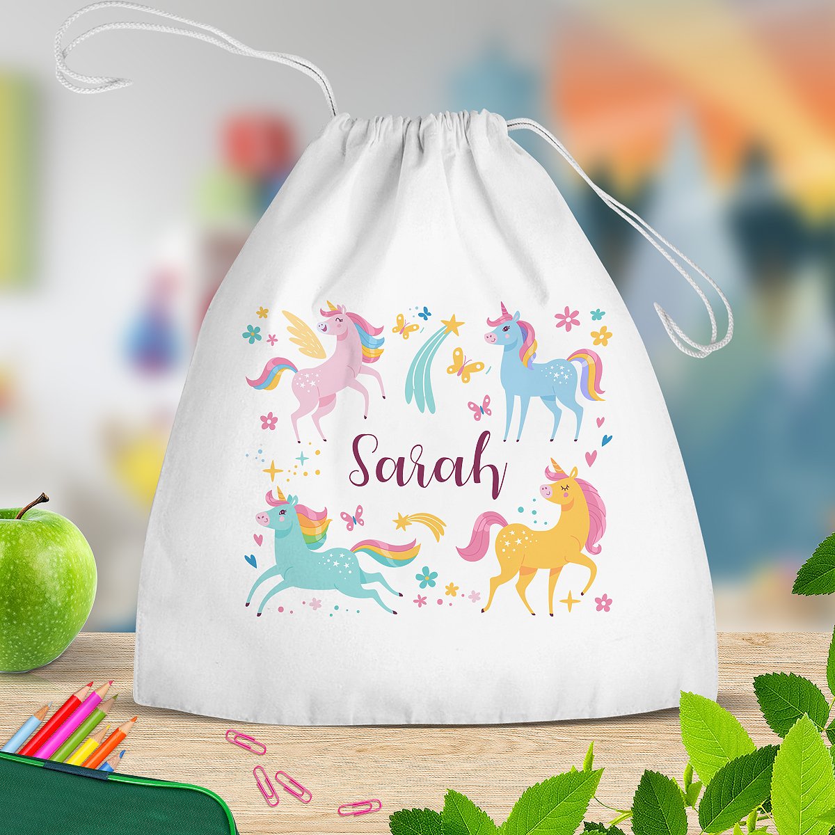 Unicorn Mix White Drawstring Bag