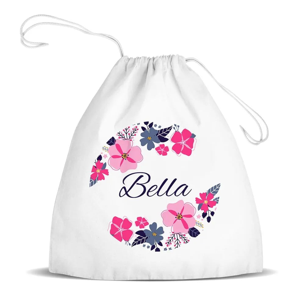 Flowers White Drawstring Bag