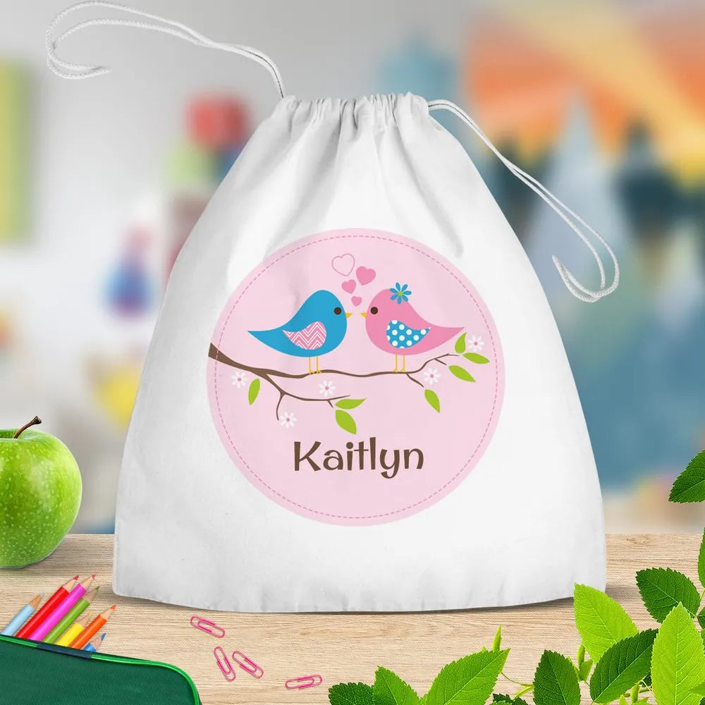 Two Birds White Drawstring Bag