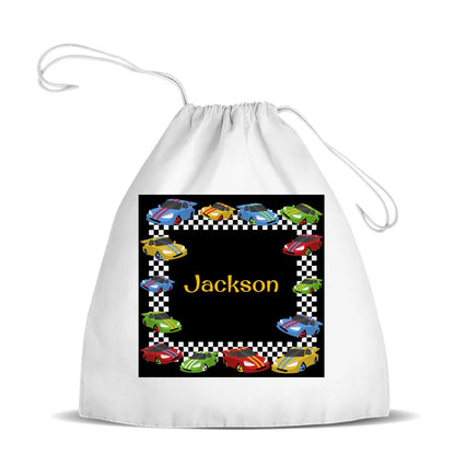 Race Cars White Drawstring Bag