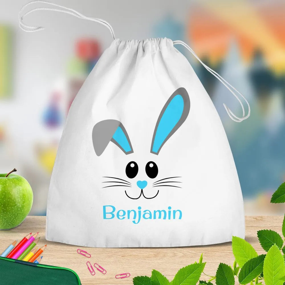Blue Bunny Face White Drawstring Bag