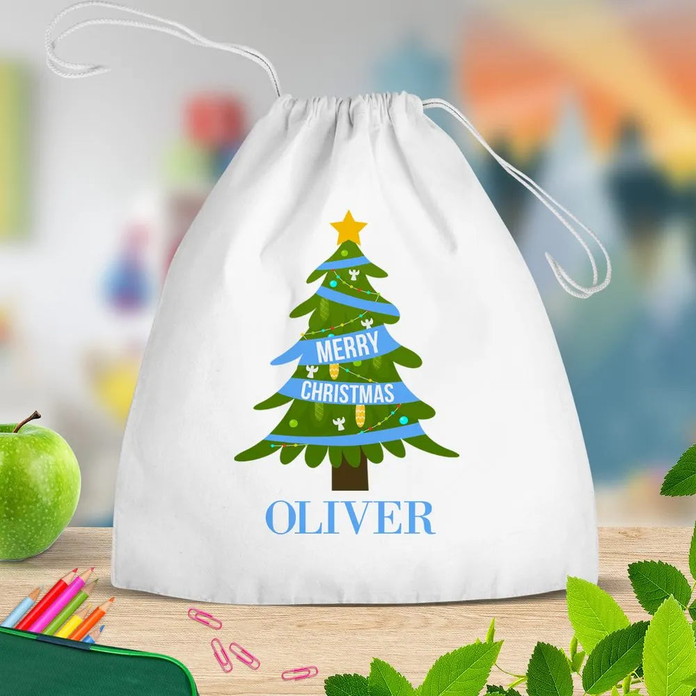 Blue Christmas White Drawstring Bag