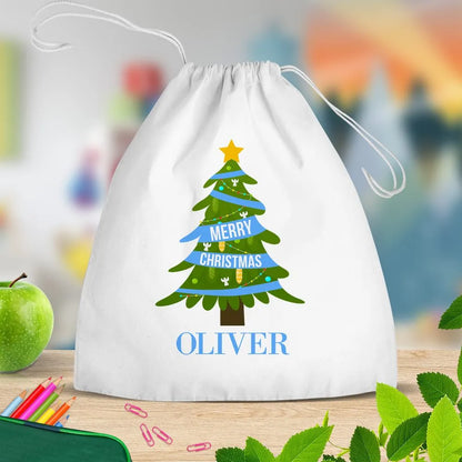 Blue Christmas White Drawstring Bag