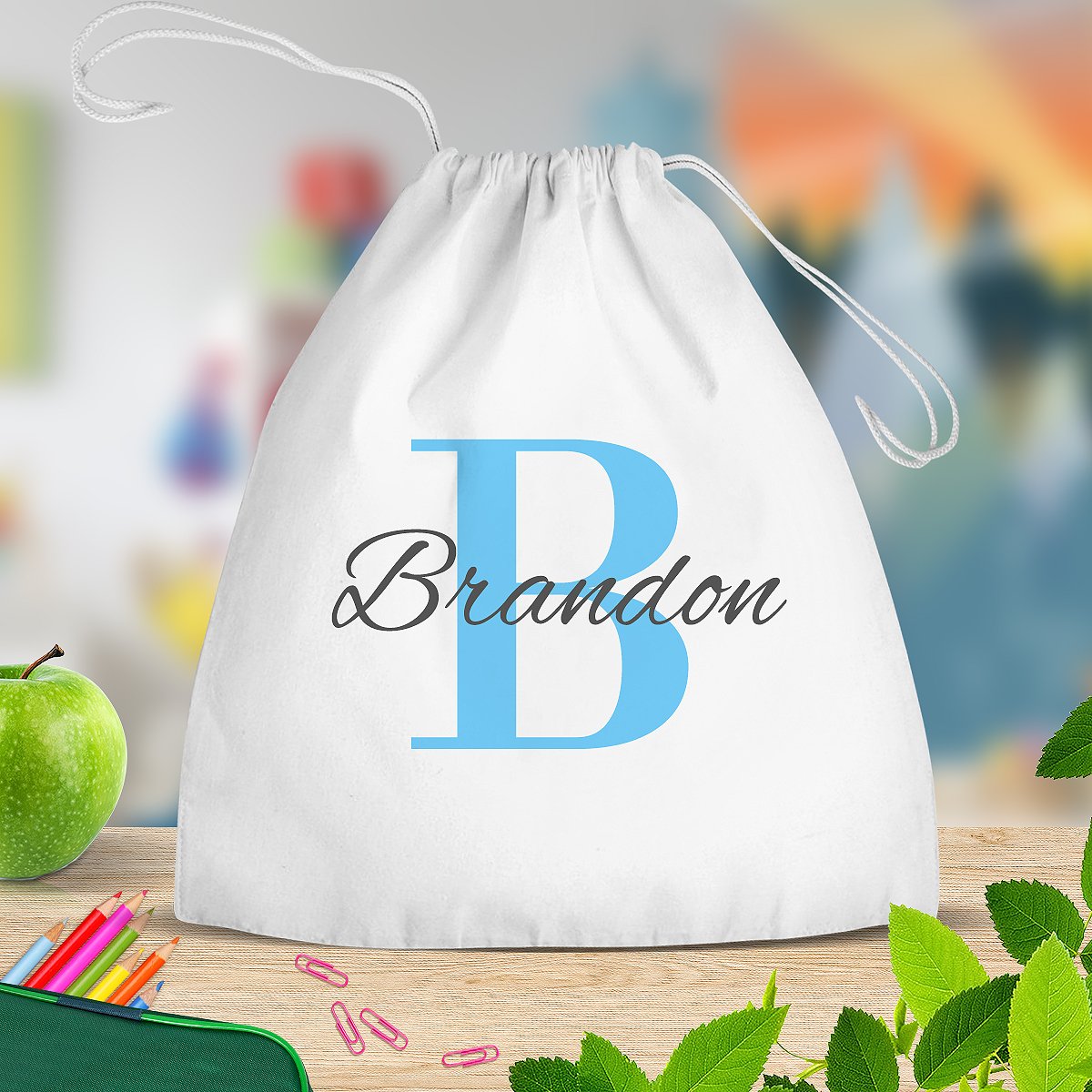 Blue Monogram White Drawstring Bag