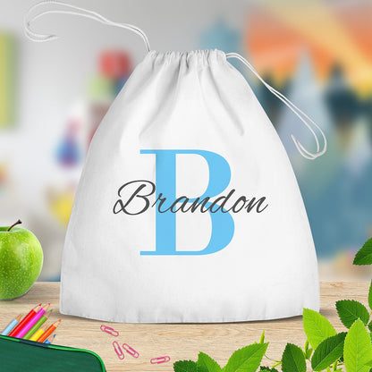 Blue Monogram White Drawstring Bag