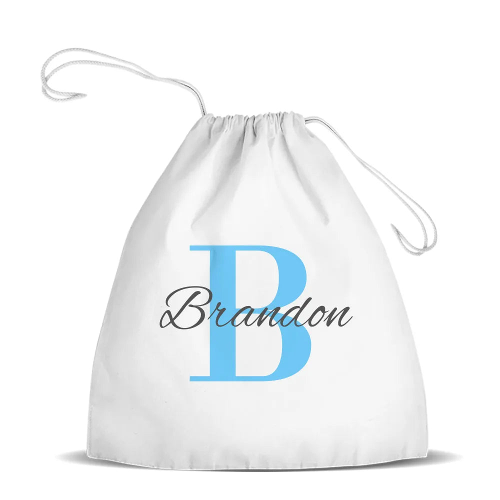 Blue Monogram White Drawstring Bag