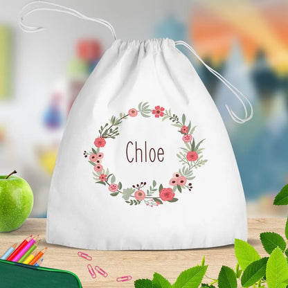 Flower Wreath White Drawstring Bag