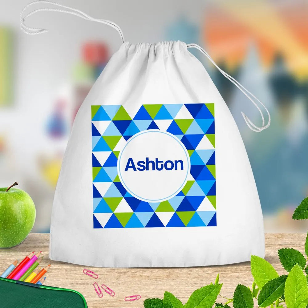 Geometric White Drawstring Bag