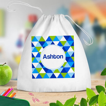 Geometric White Drawstring Bag