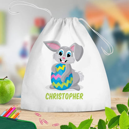 Grey Bunny White Drawstring Bag