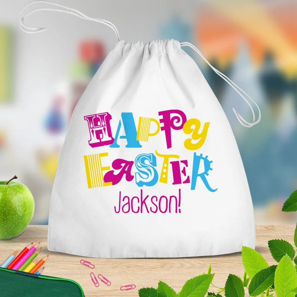 Happy Easter White Drawstring Bag