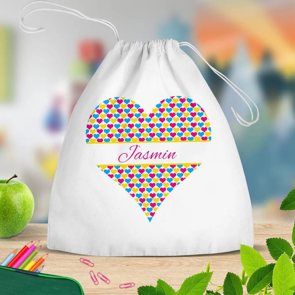 Heart White Drawstring Bag