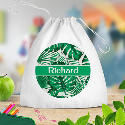 Leaves White Drawstring Bag