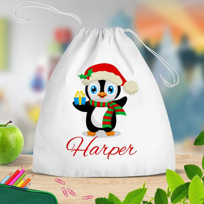 Penguin White Drawstring Bag