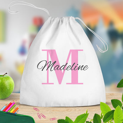 Pink Monogram White Drawstring Bag