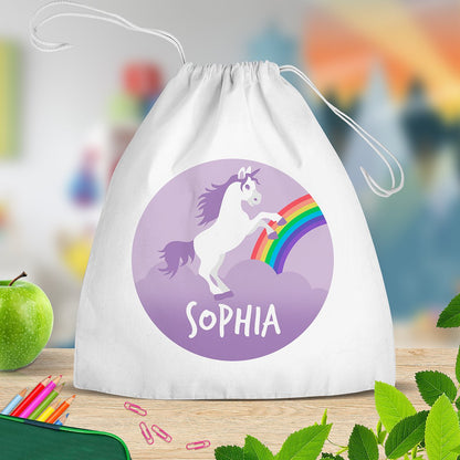 Purple Unicorn White Drawstring Bag