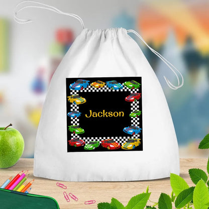 Race Cars White Drawstring Bag