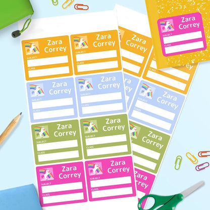Rainbow Unicorn School Book Labels